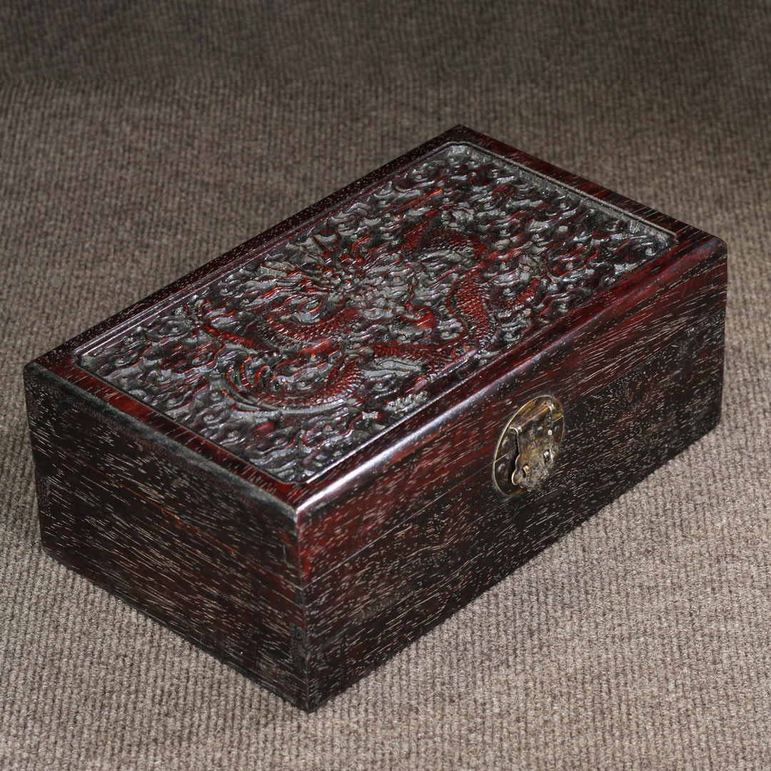 Chinese Antique Purple Sandalwood Carved Xianglong Multi Treasure Box Storage Box