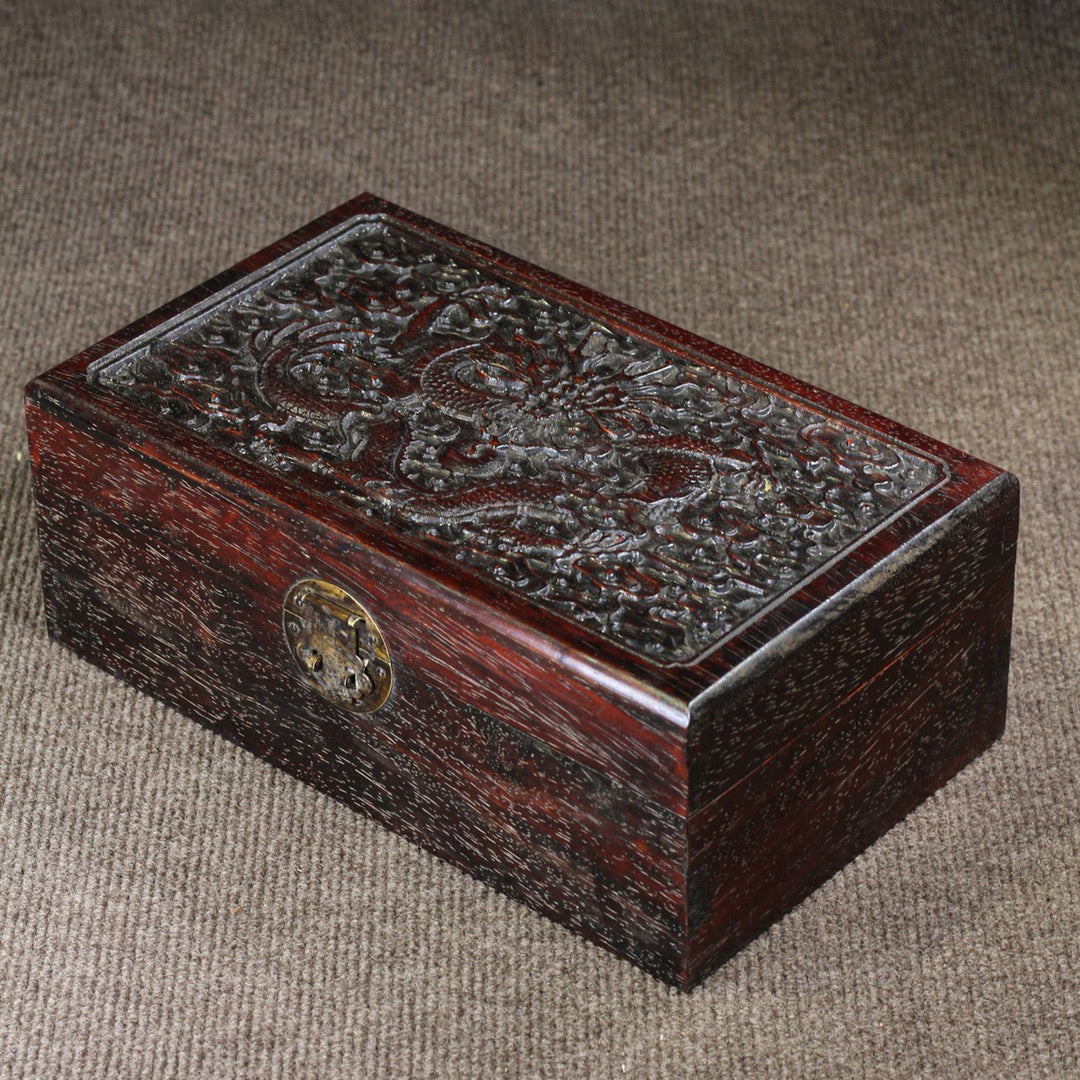 Chinese Antique Purple Sandalwood Carved Xianglong Multi Treasure Box Storage Box