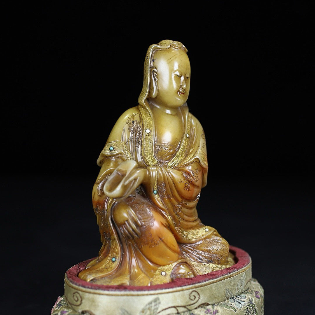 Chinese Antique Shoushan Stone Guanyin Seal Decoration