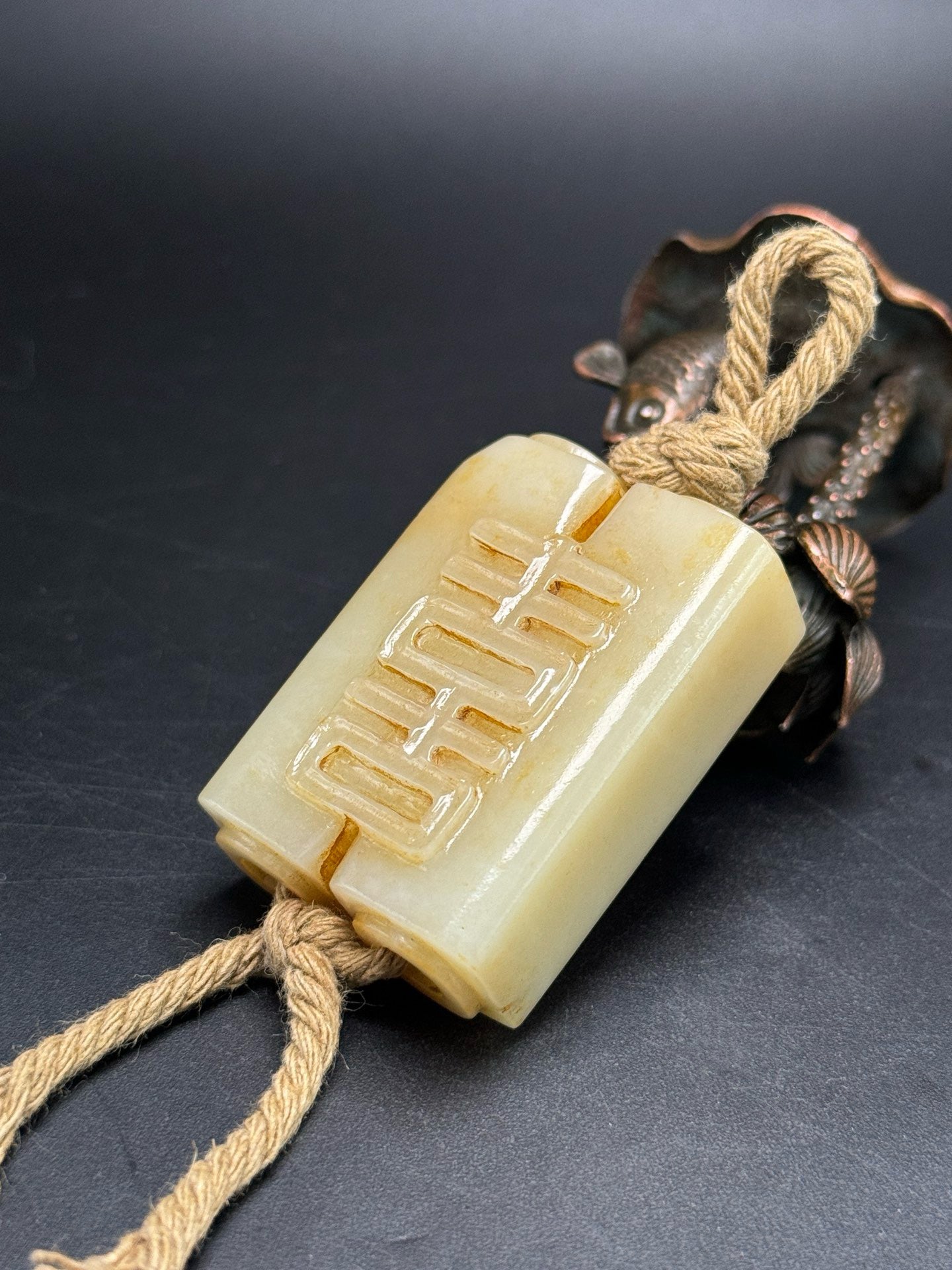 Chinese antique Hotan Jade accessories, double happiness jade cong