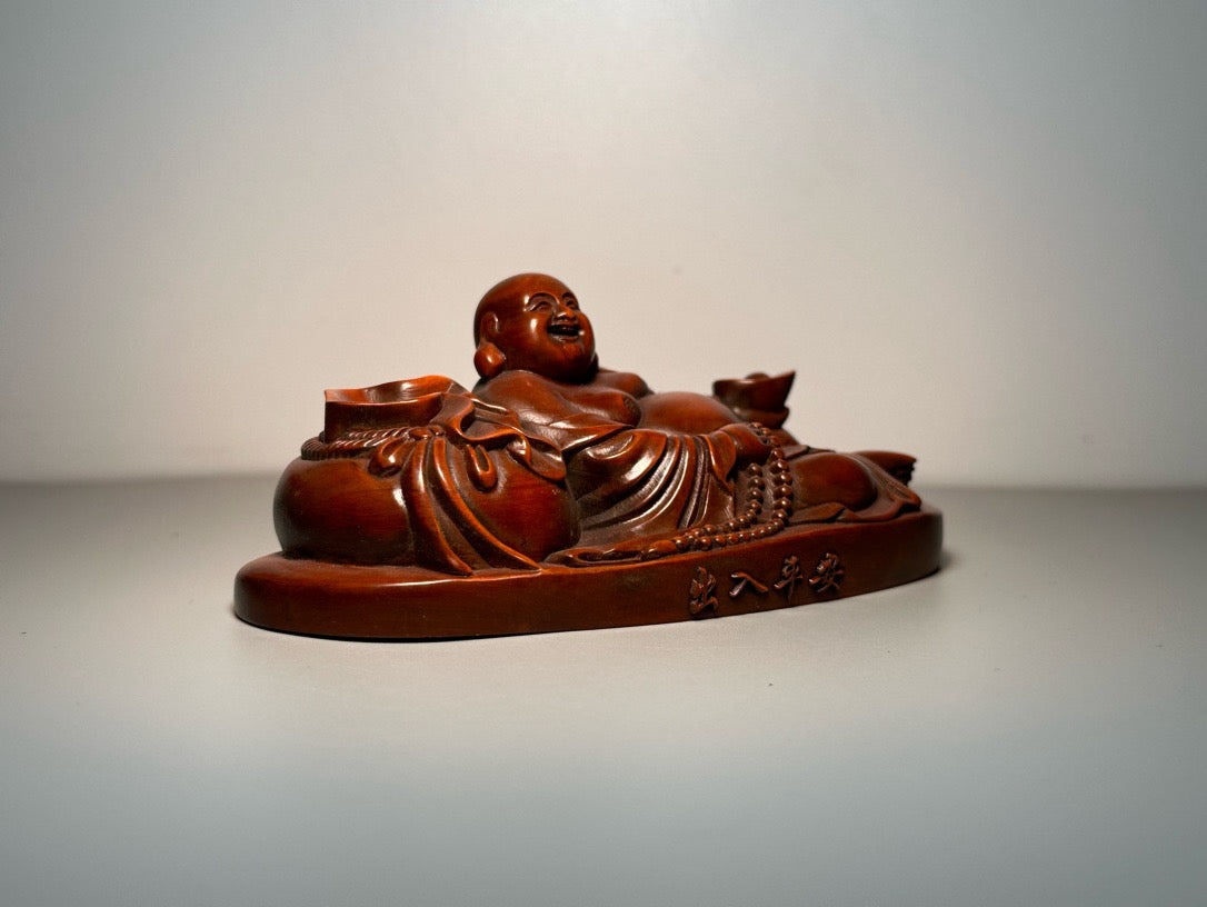 Chinese antique boxwood carving with exquisite craftsmanship, entering and exiting Heian Maitreya