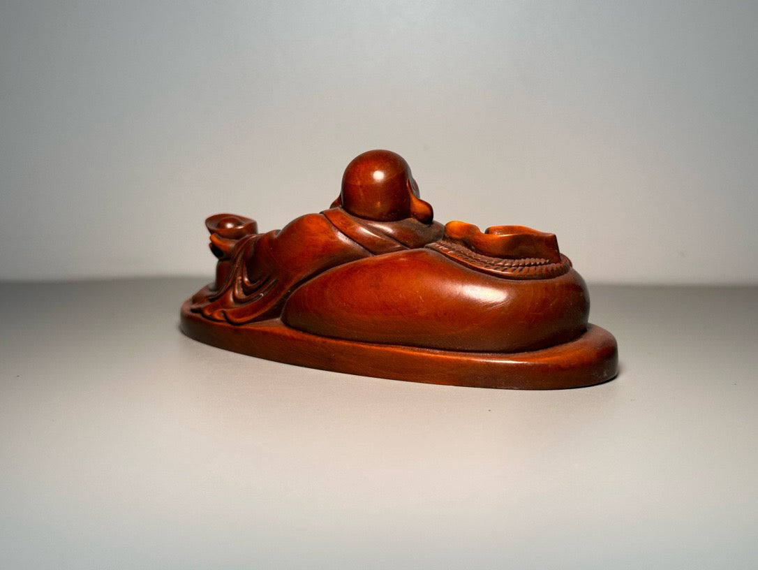 Chinese antique boxwood carving with exquisite craftsmanship, entering and exiting Heian Maitreya