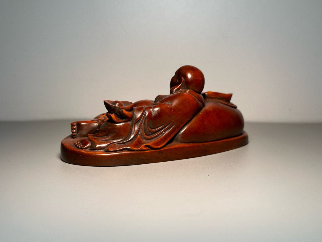 Chinese antique boxwood carving with exquisite craftsmanship, entering and exiting Heian Maitreya