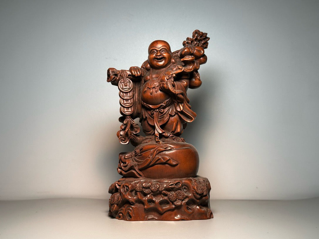 Chinese antique boxwood carving, finely crafted with copper coins, Maitreya Buddha