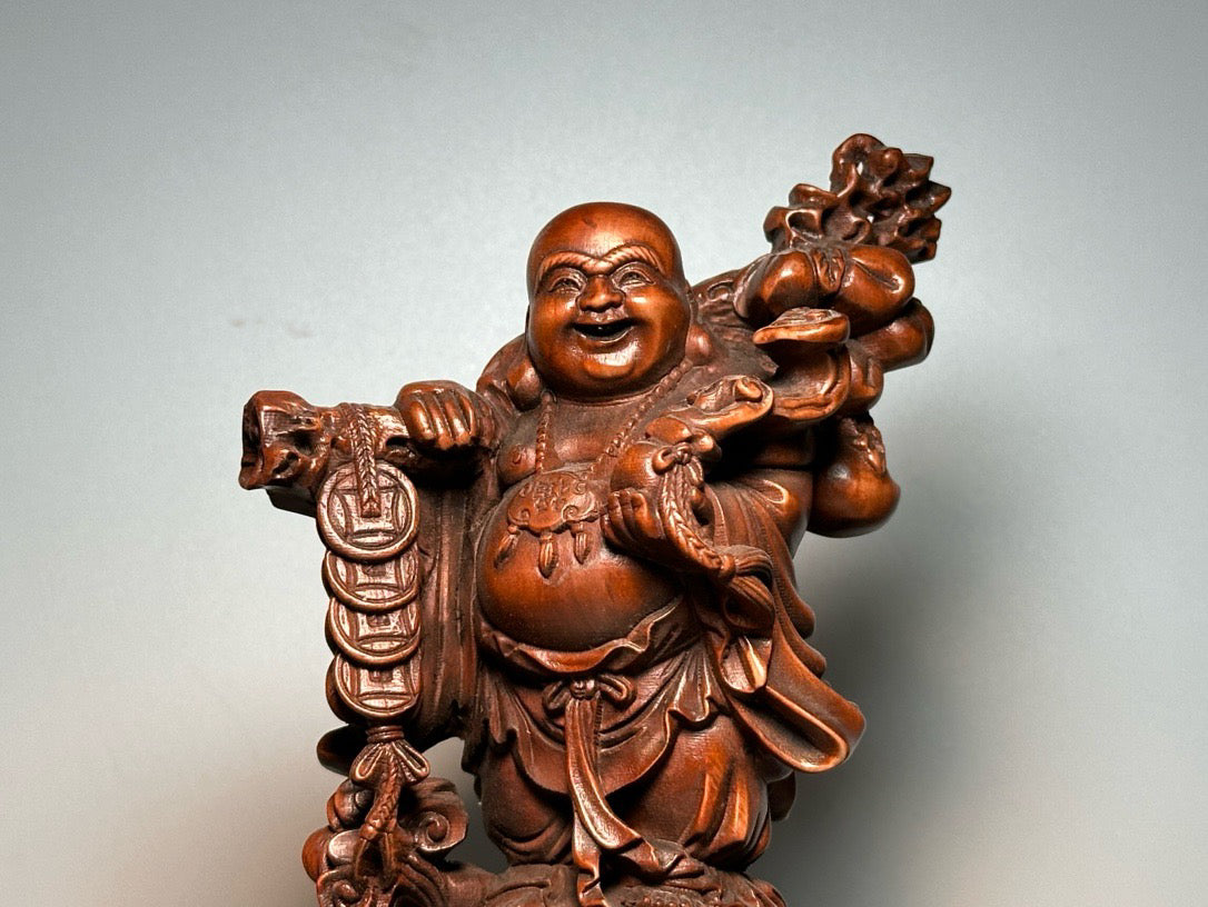 Chinese antique boxwood carving, finely crafted with copper coins, Maitreya Buddha