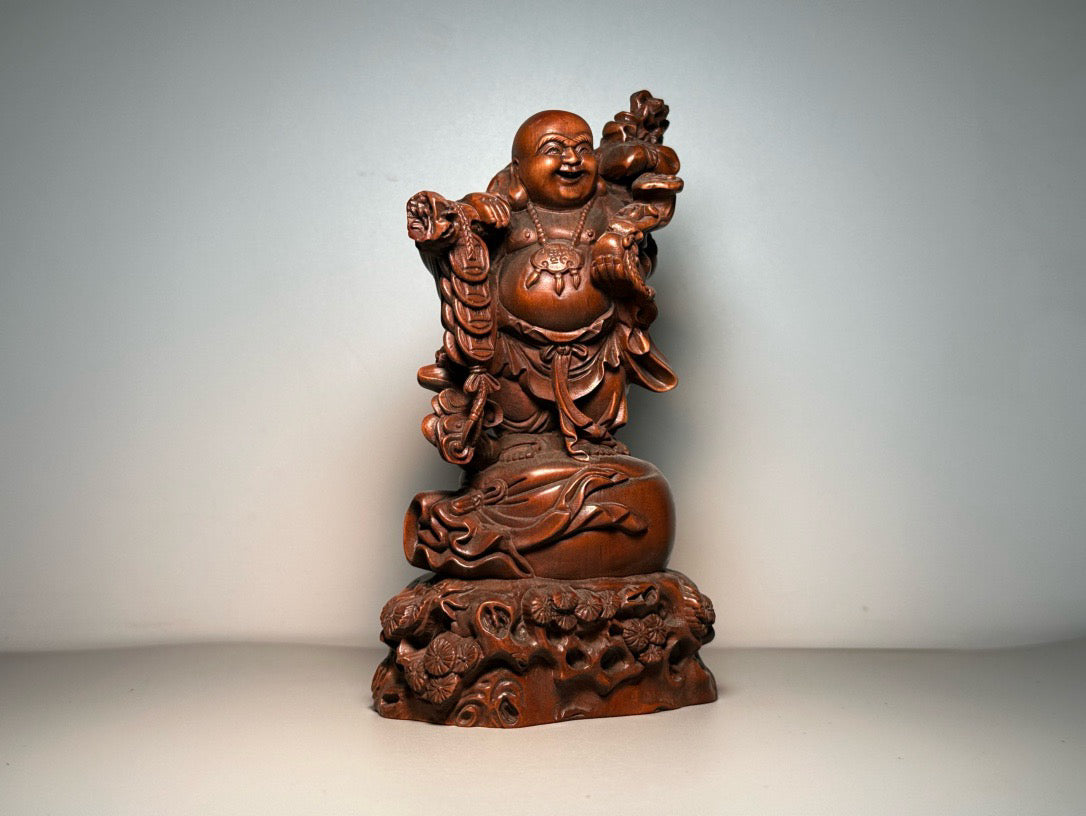 Chinese antique boxwood carving, finely crafted with copper coins, Maitreya Buddha