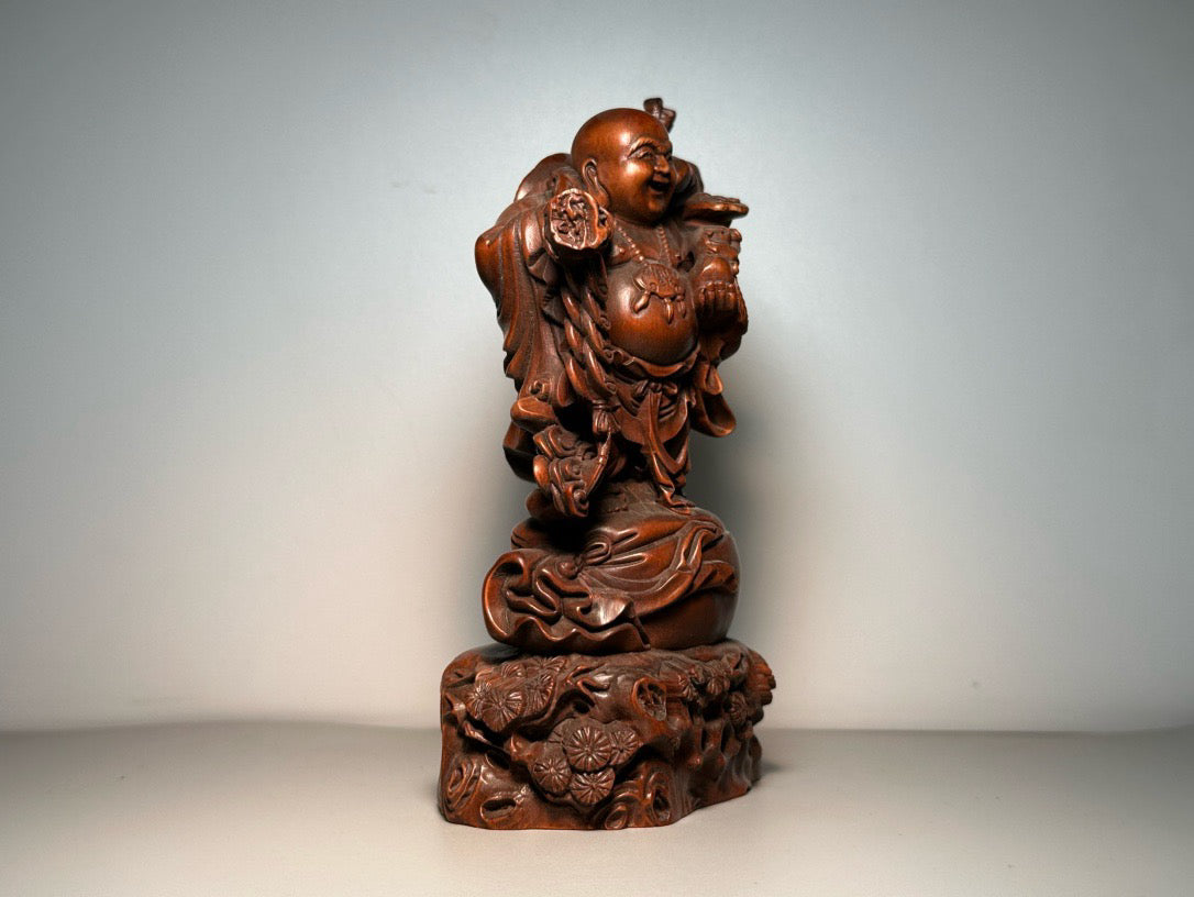 Chinese antique boxwood carving, finely crafted with copper coins, Maitreya Buddha