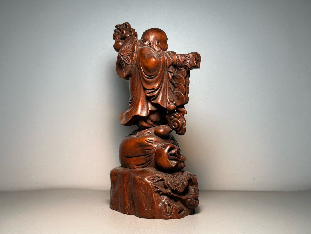Chinese antique boxwood carving, finely crafted with copper coins, Maitreya Buddha