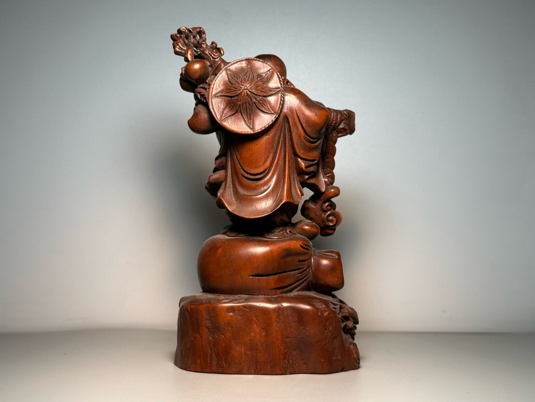 Chinese antique boxwood carving, finely crafted with copper coins, Maitreya Buddha