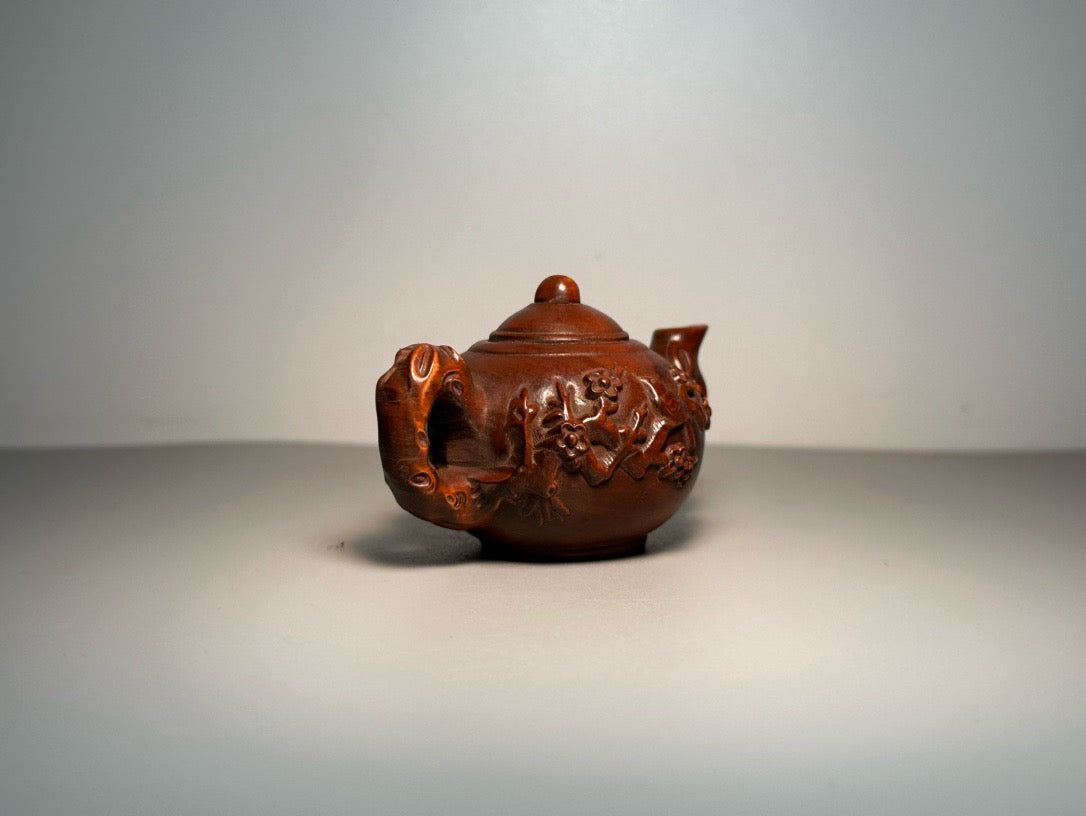 Chinese antique boxwood carving with exquisite craftsmanship, plum blossom bird pot