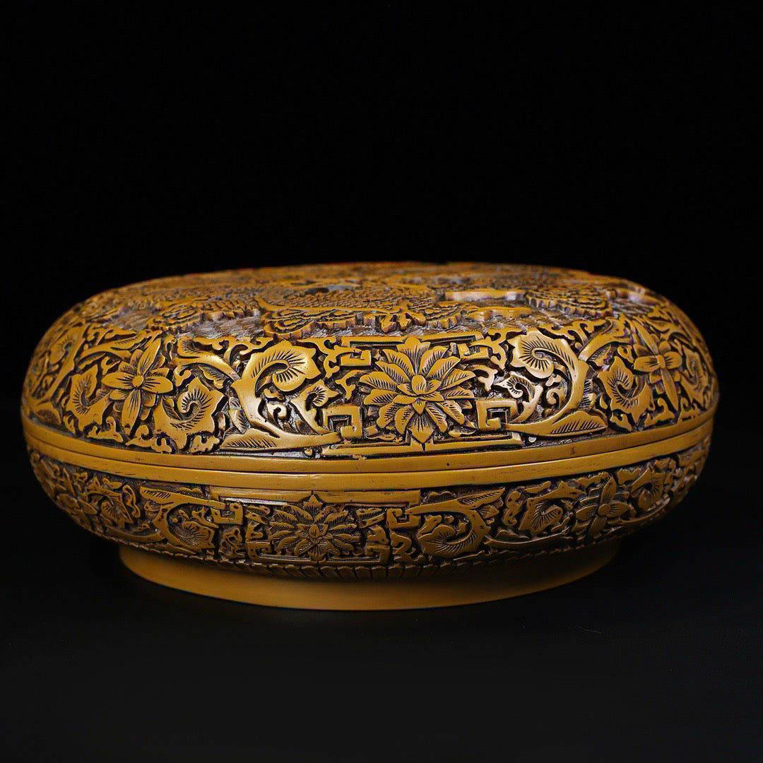 Chinese Antique Lacquerware Double Dragon Playing with Pearl Picture Round Box
