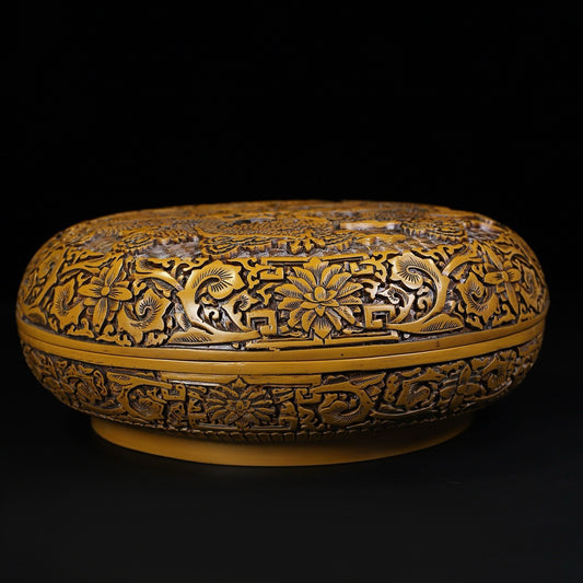 Chinese Antique Lacquerware Double Dragon Playing with Pearl Picture Round Box