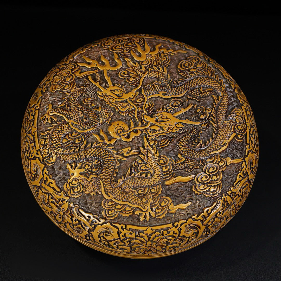Chinese Antique Lacquerware Double Dragon Playing with Pearl Picture Round Box