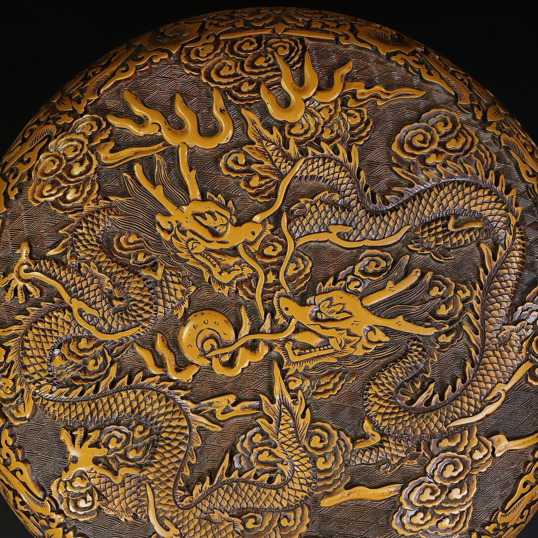 Chinese Antique Lacquerware Double Dragon Playing with Pearl Picture Round Box
