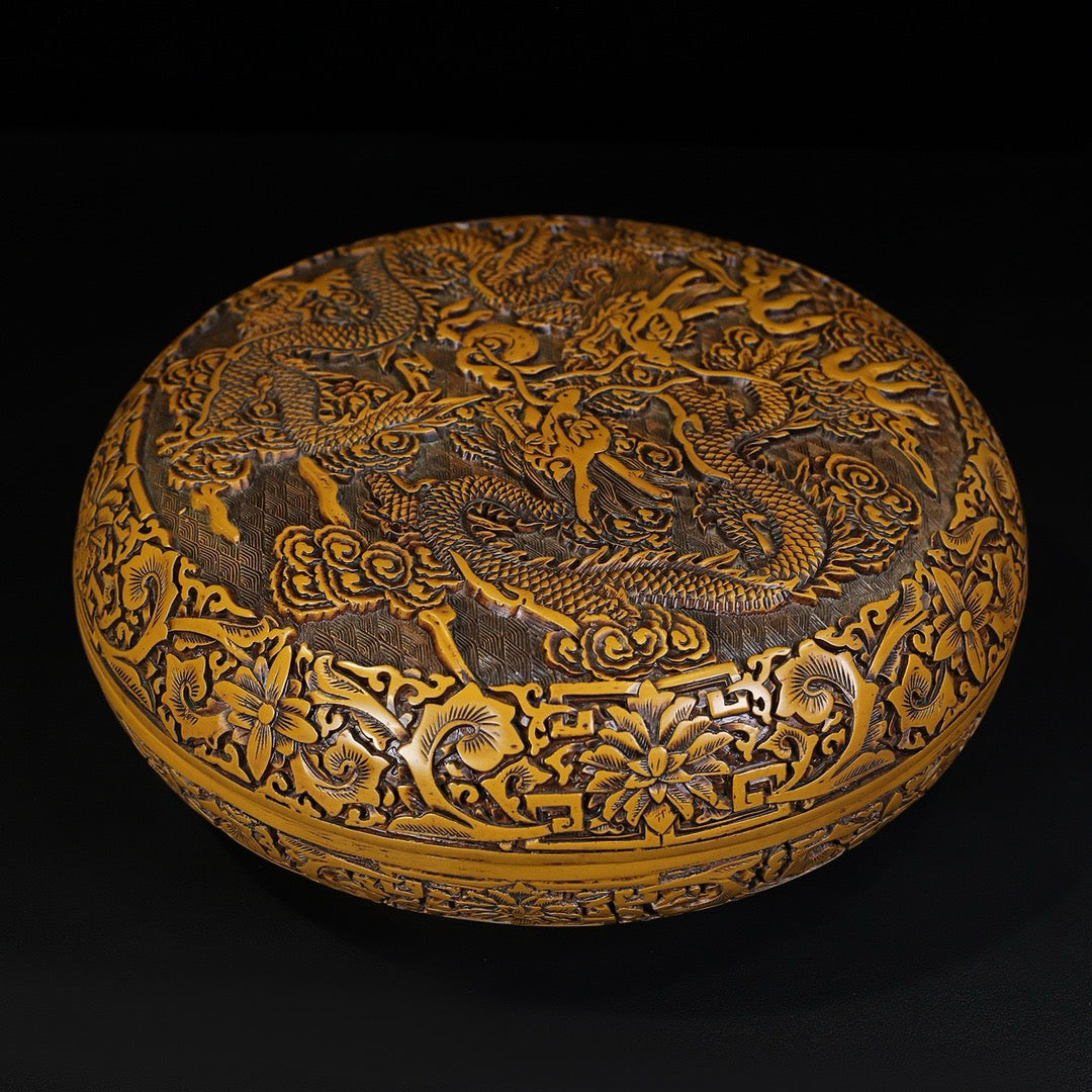 Chinese Antique Lacquerware Double Dragon Playing with Pearl Picture Round Box