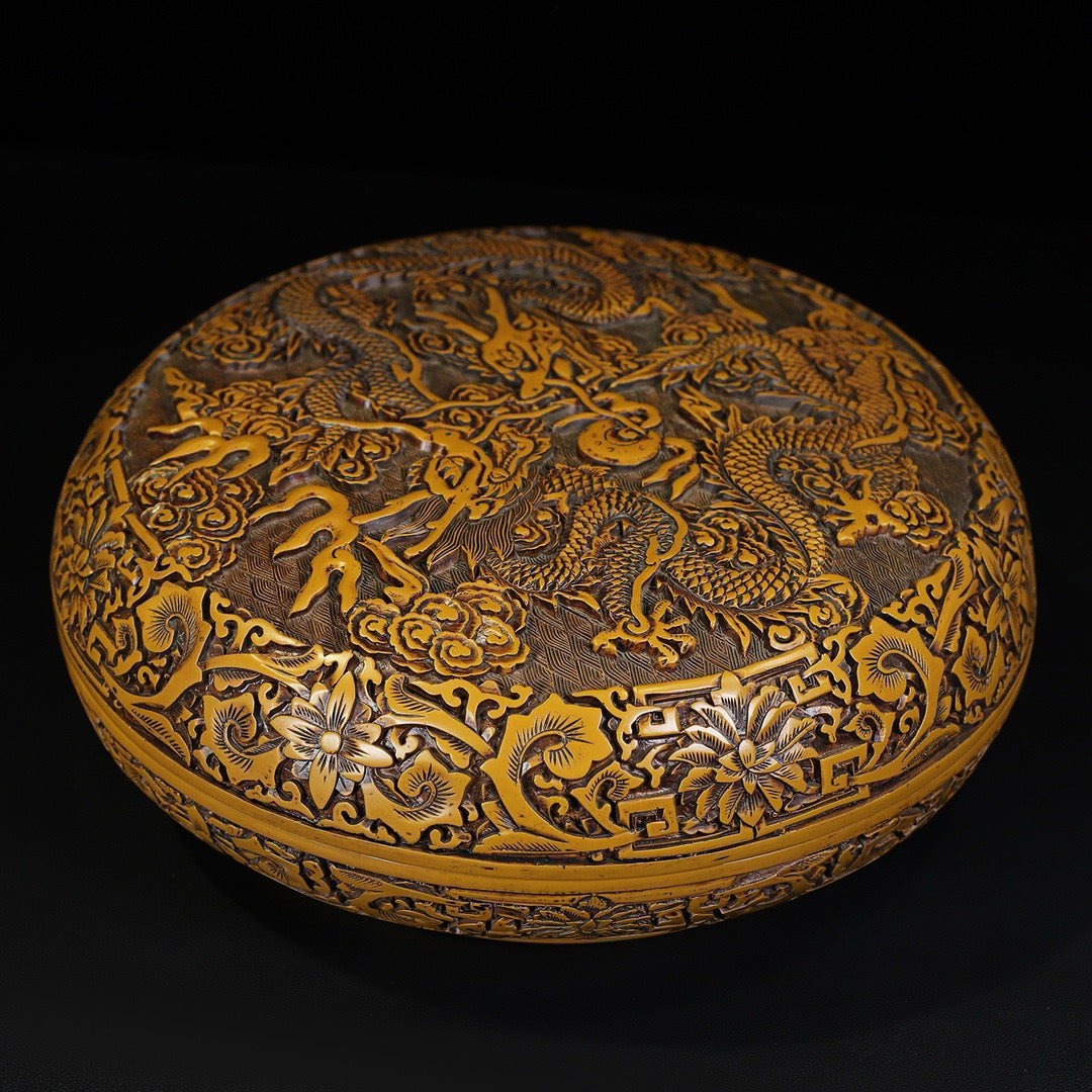 Chinese Antique Lacquerware Double Dragon Playing with Pearl Picture Round Box