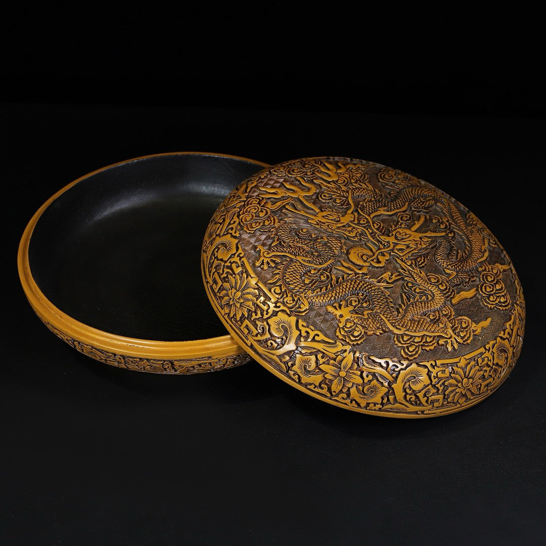 Chinese Antique Lacquerware Double Dragon Playing with Pearl Picture Round Box