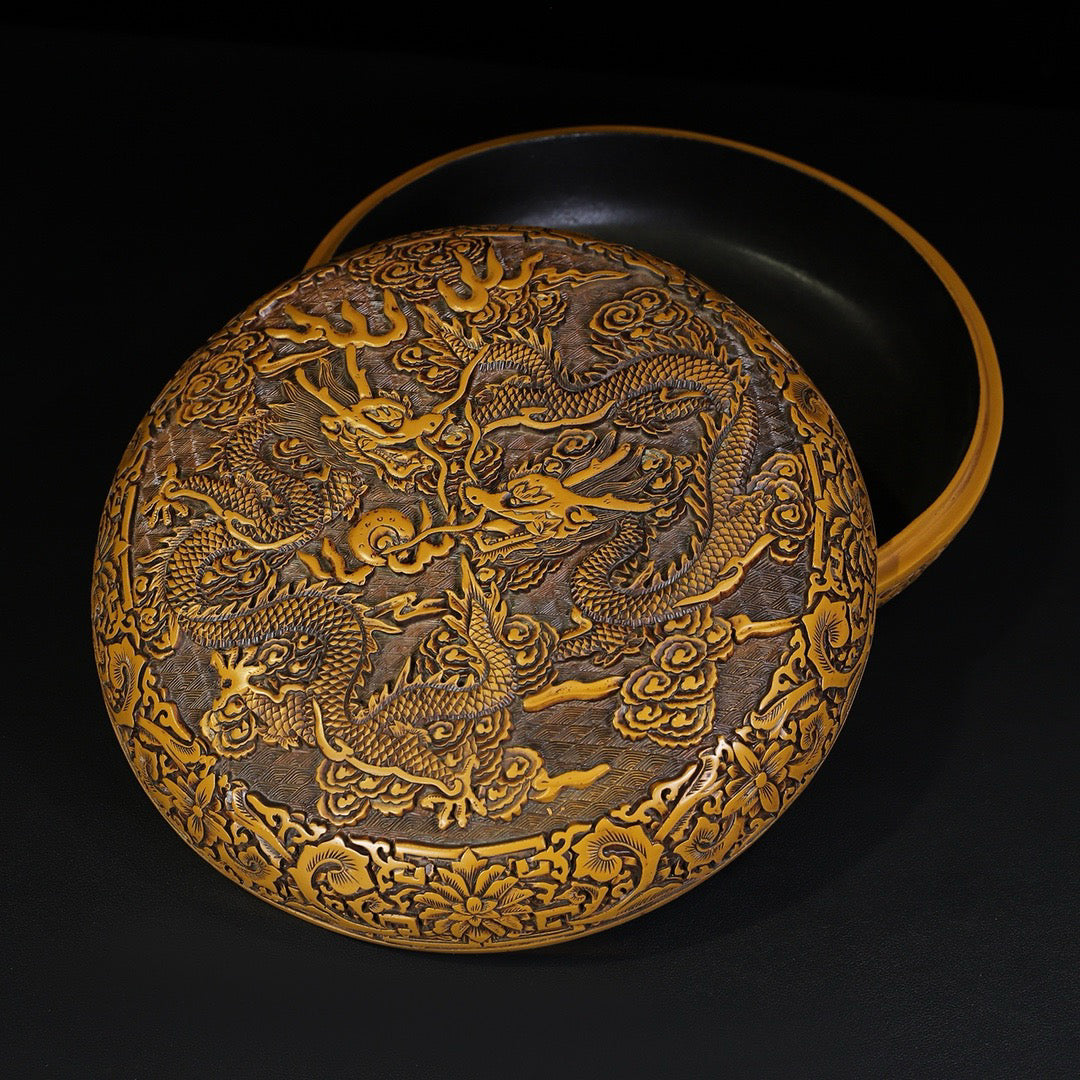 Chinese Antique Lacquerware Double Dragon Playing with Pearl Picture Round Box