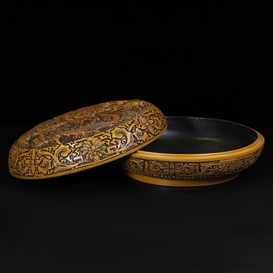 Chinese Antique Lacquerware Double Dragon Playing with Pearl Picture Round Box