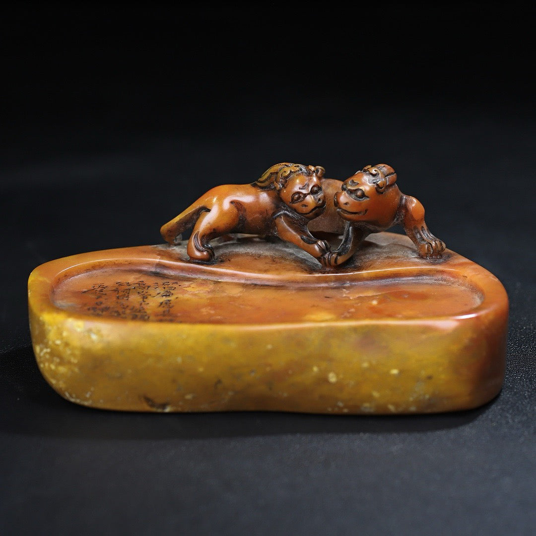 Chinese antique Shoushan stone carving double chi tiger dragon inkstone desk study decoration