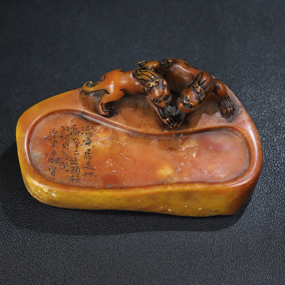 Chinese antique Shoushan stone carving double chi tiger dragon inkstone desk study decoration