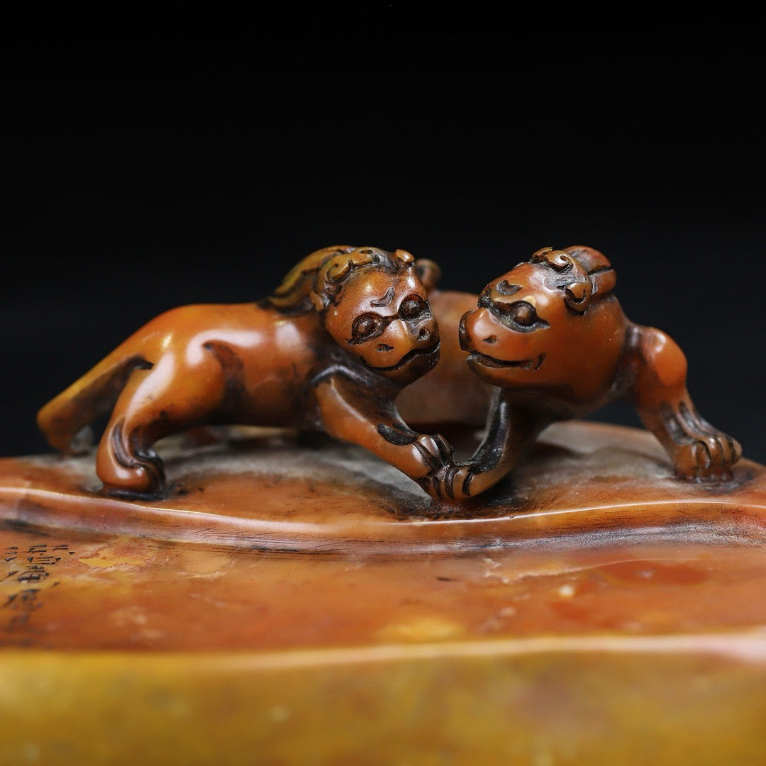 Chinese antique Shoushan stone carving double chi tiger dragon inkstone desk study decoration