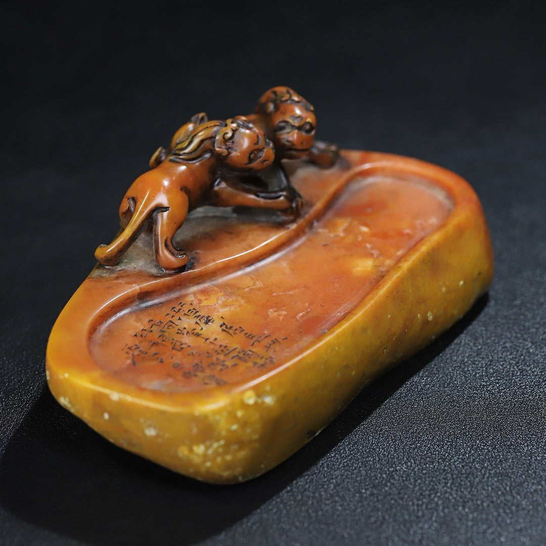 Chinese antique Shoushan stone carving double chi tiger dragon inkstone desk study decoration