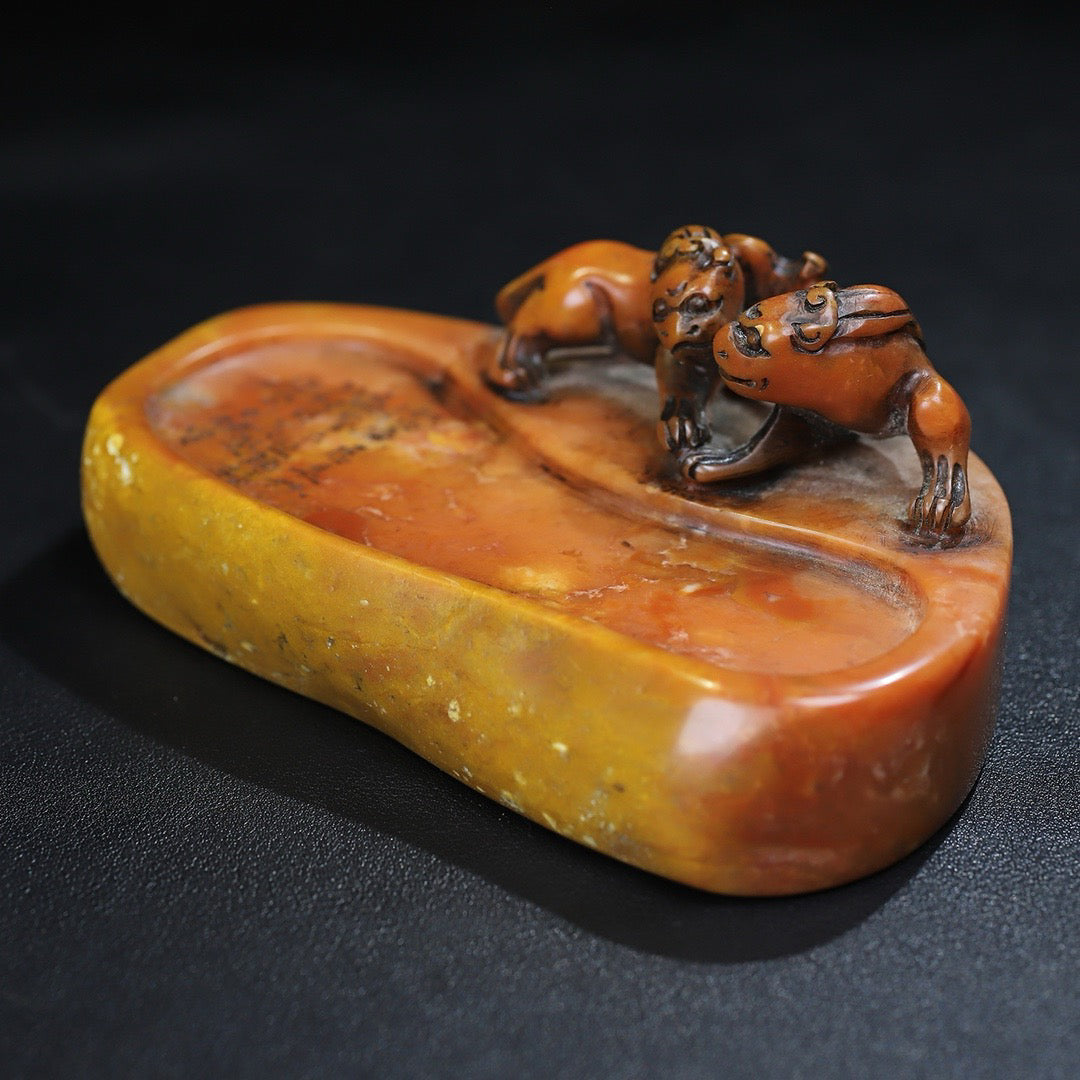 Chinese antique Shoushan stone carving double chi tiger dragon inkstone desk study decoration