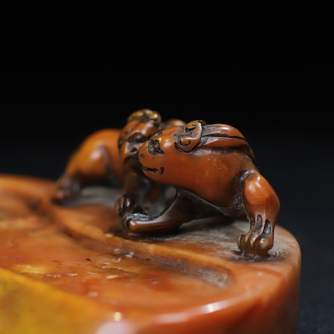Chinese antique Shoushan stone carving double chi tiger dragon inkstone desk study decoration