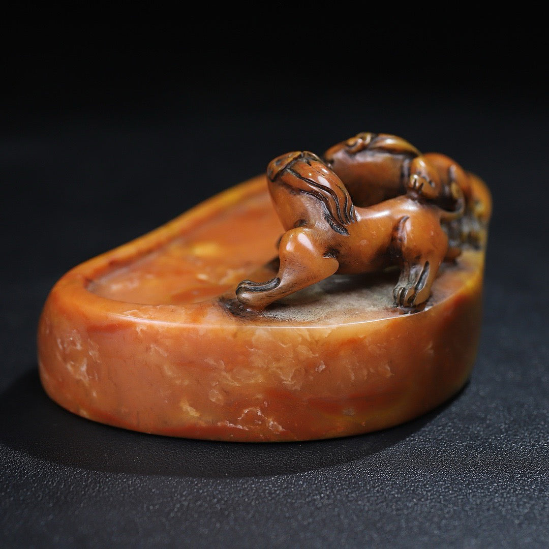 Chinese antique Shoushan stone carving double chi tiger dragon inkstone desk study decoration