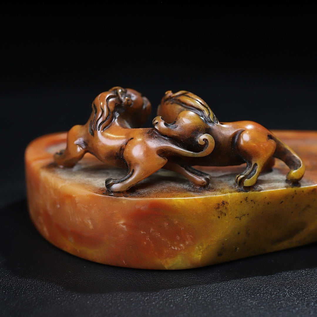 Chinese antique Shoushan stone carving double chi tiger dragon inkstone desk study decoration