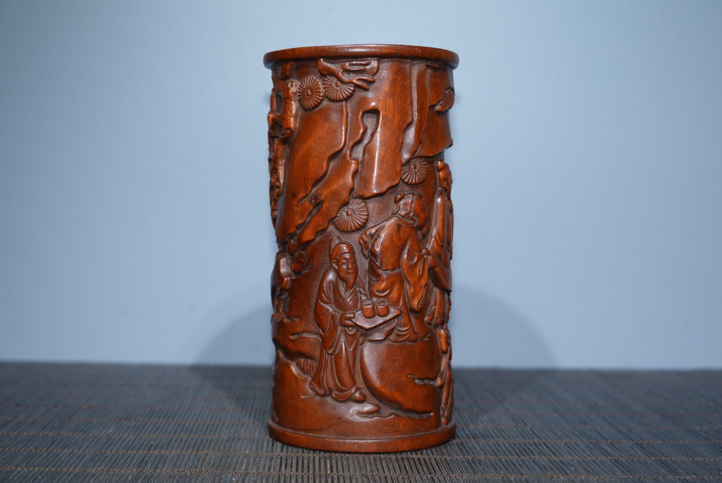 Collection of boxwood carved elderly pen holder ornaments, furniture ornaments