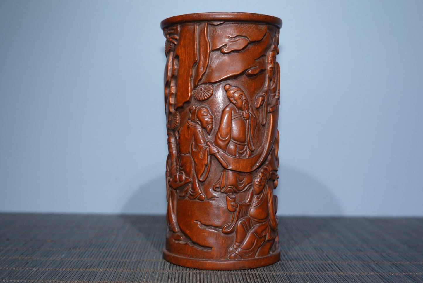 Collection of boxwood carved elderly pen holder ornaments, furniture ornaments