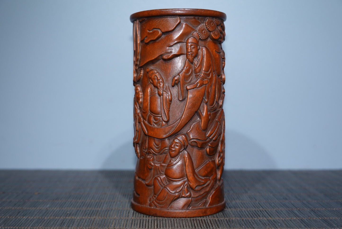 Collection of boxwood carved elderly pen holder ornaments, furniture ornaments