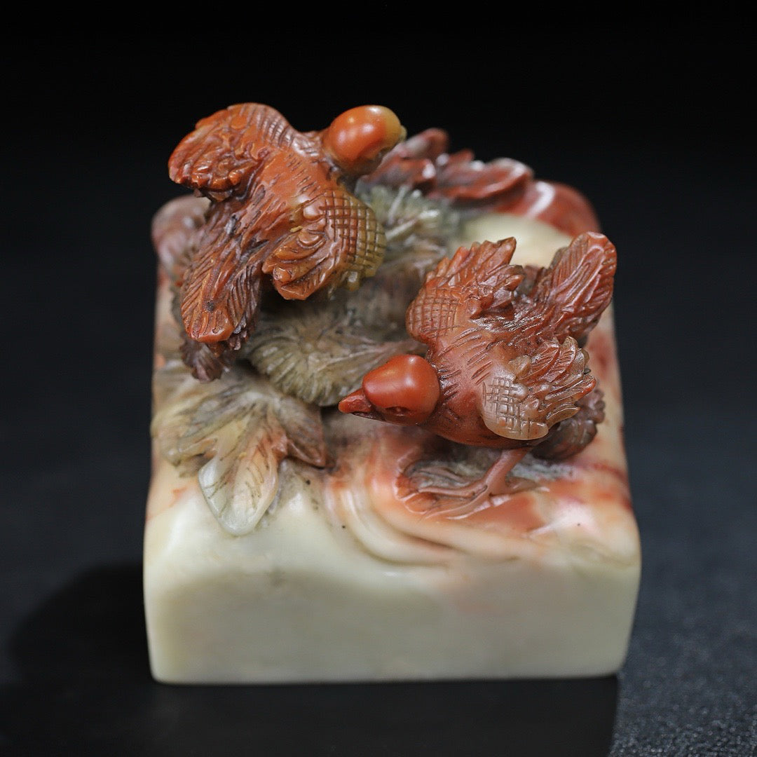 Chinese Antique Shoushan Stone Bird Language and Flower Fragrance Seal