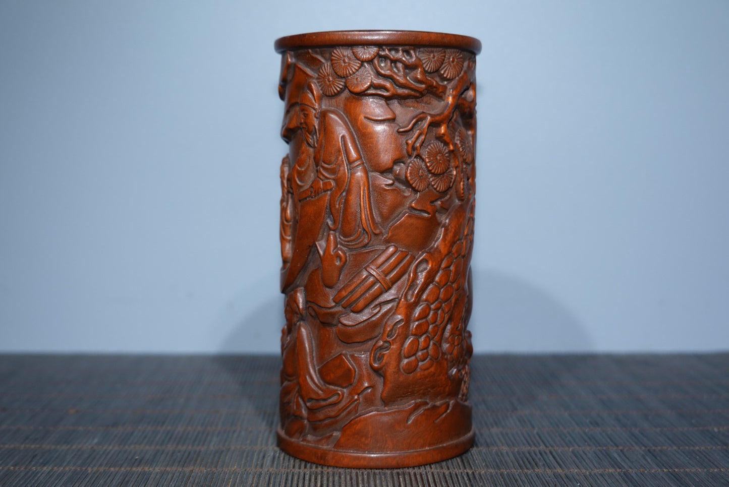 Collection of boxwood carved elderly pen holder ornaments, furniture ornaments