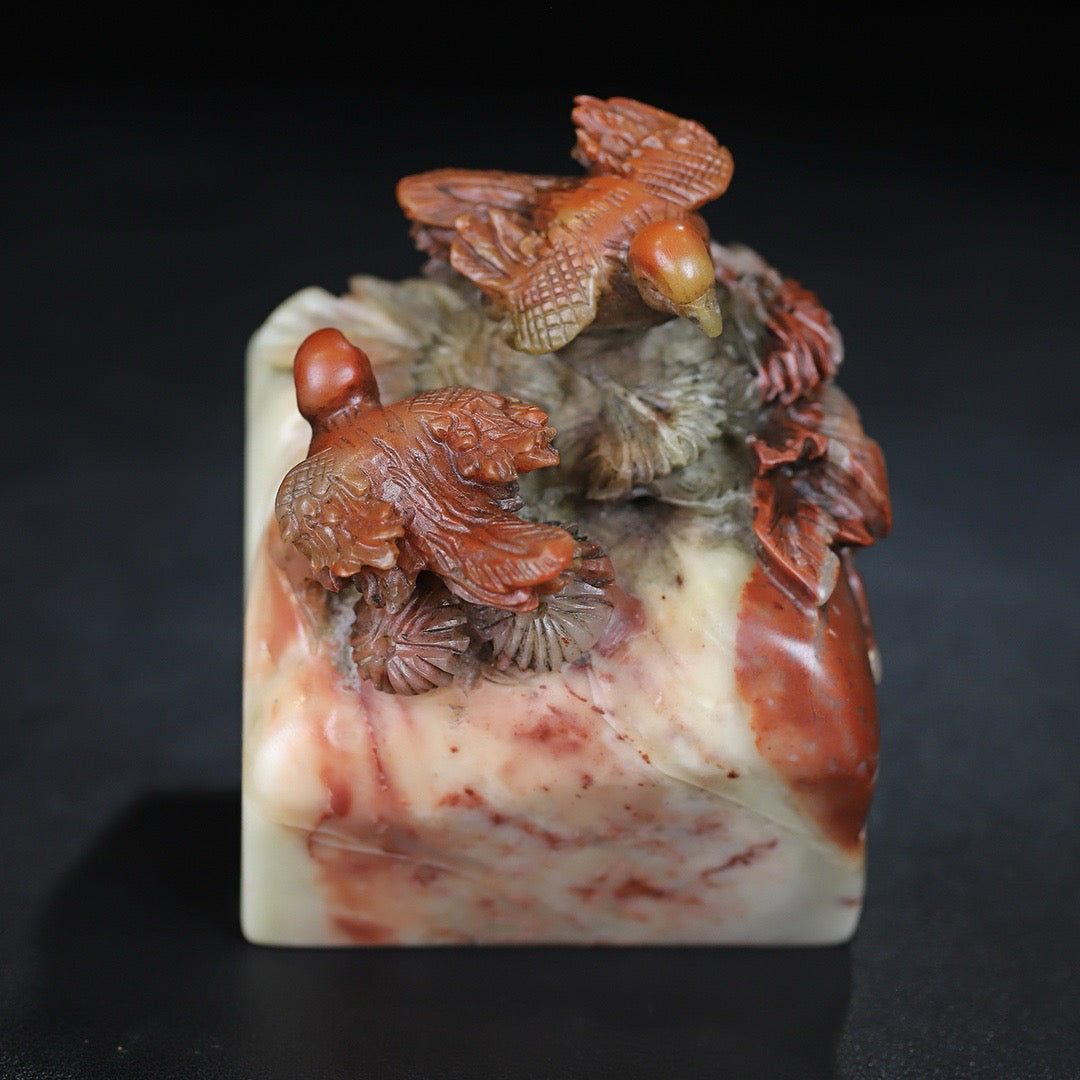 Chinese Antique Shoushan Stone Bird Language and Flower Fragrance Seal