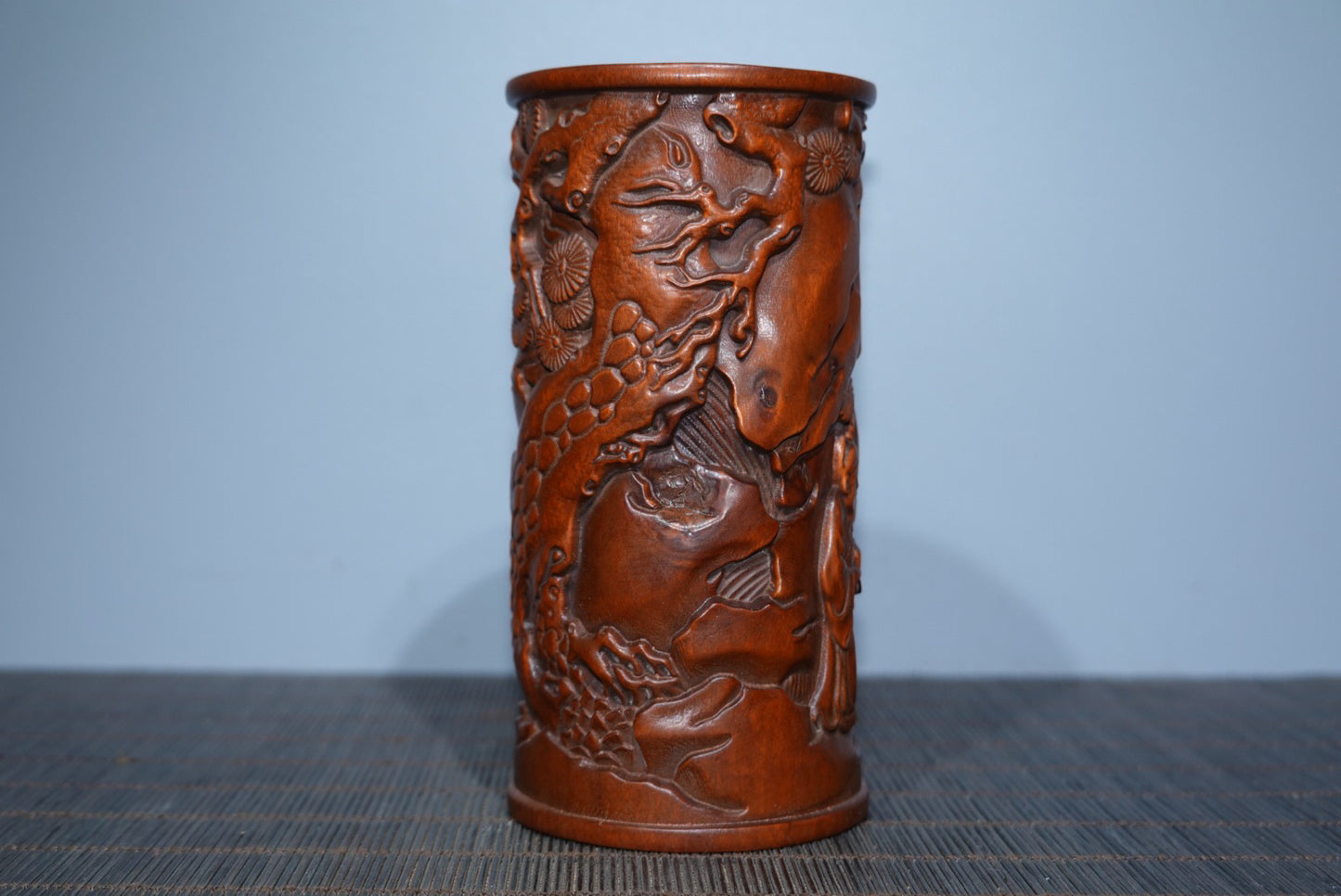 Collection of boxwood carved elderly pen holder ornaments, furniture ornaments