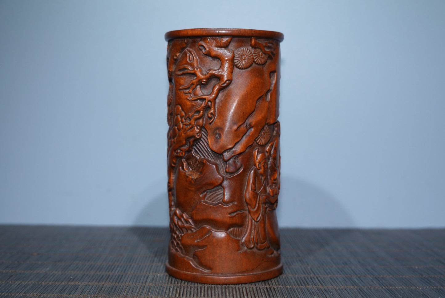 Collection of boxwood carved elderly pen holder ornaments, furniture ornaments