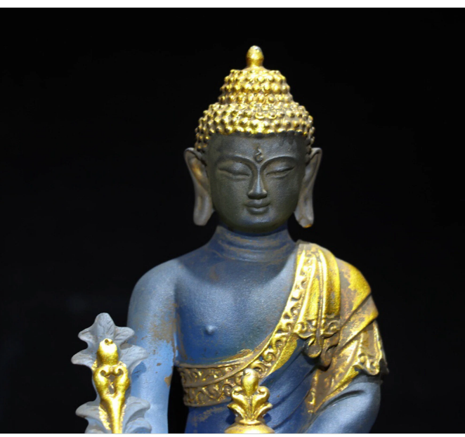 Colored glaze Buddha statues/collectibles Hand-carved Chinese antique colored glaze painted gold medicine Buddha collection