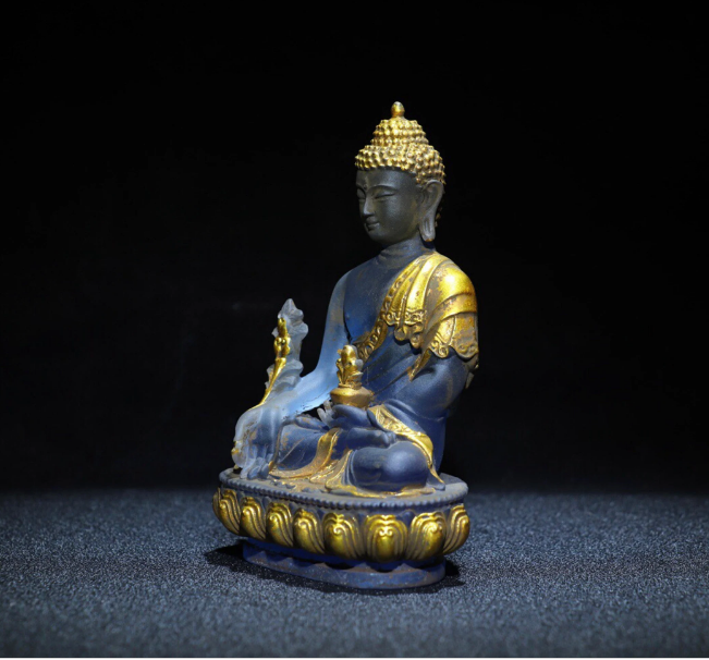 Colored glaze Buddha statues/collectibles Hand-carved Chinese antique colored glaze painted gold medicine Buddha collection