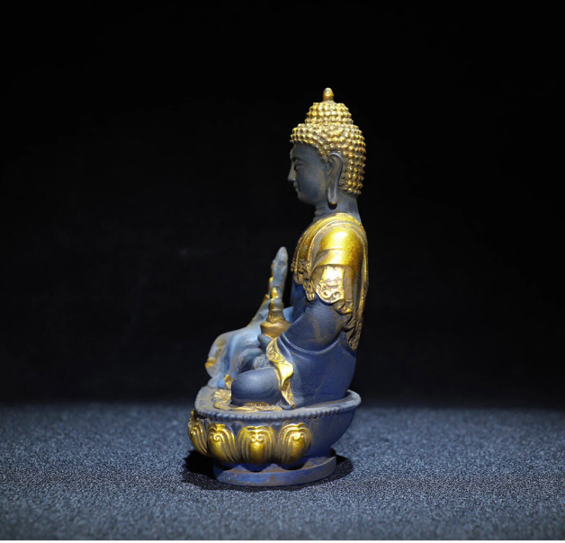 Colored glaze Buddha statues/collectibles Hand-carved Chinese antique colored glaze painted gold medicine Buddha collection