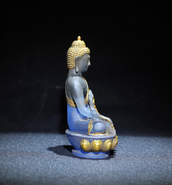 Colored glaze Buddha statues/collectibles Hand-carved Chinese antique colored glaze painted gold medicine Buddha collection