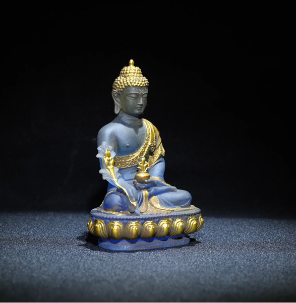 Colored glaze Buddha statues/collectibles Hand-carved Chinese antique colored glaze painted gold medicine Buddha collection