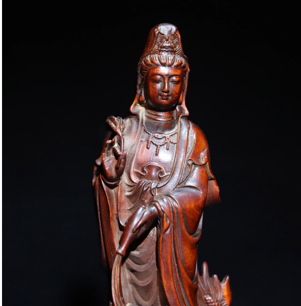 Collection of antique Chinese boxwood dragon Guanyin statues
