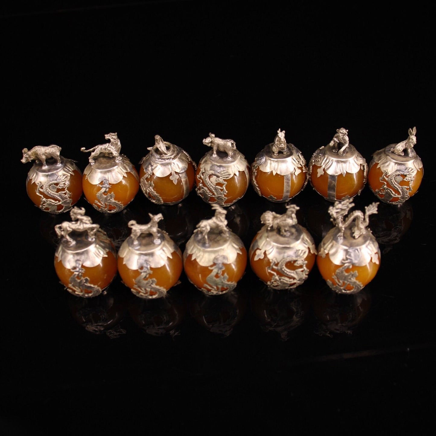 Collection of Chinese Antique Cupronickel Inlaid Beeswax Zodiac Balls.