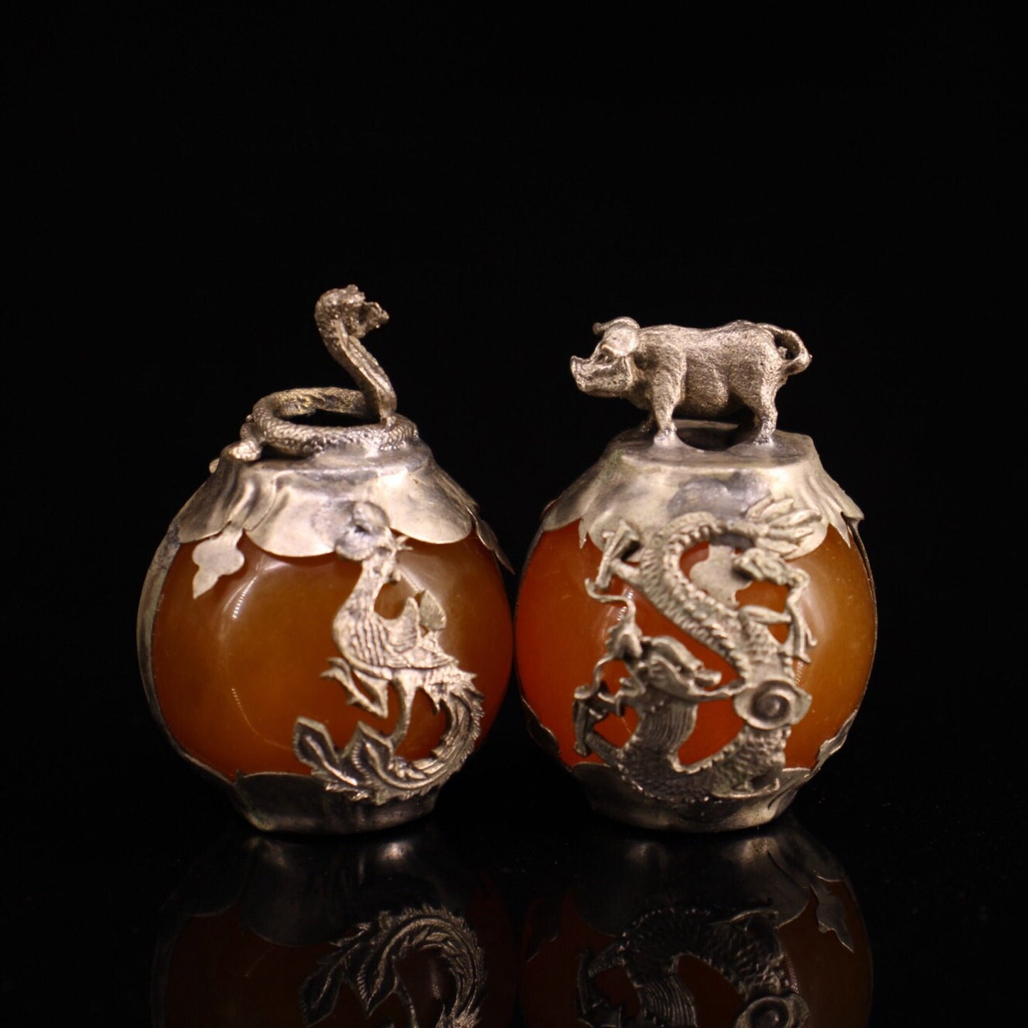 Collection of Chinese Antique Cupronickel Inlaid Beeswax Zodiac Balls.